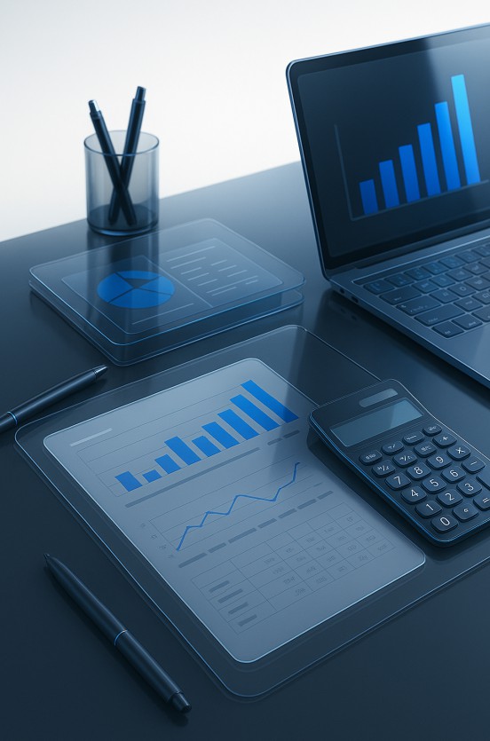 Modern accounting office with documents and laptop